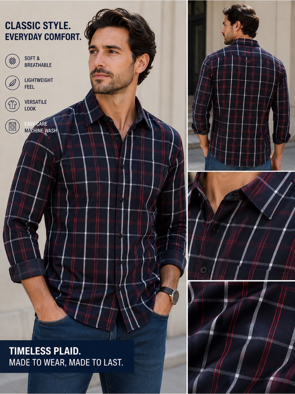 Wrangler Men's Plaid Button-Down Shirt - Navy, Red & White